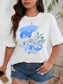 Europe Greece Athens Acropolis Family Vacation Souvenir Tee T-Shirt Summer Outfits For Women  Summer Tops 100%Cotton Graphic Tees Women Tops For Women Round Neck T Shirt - White - View 1
