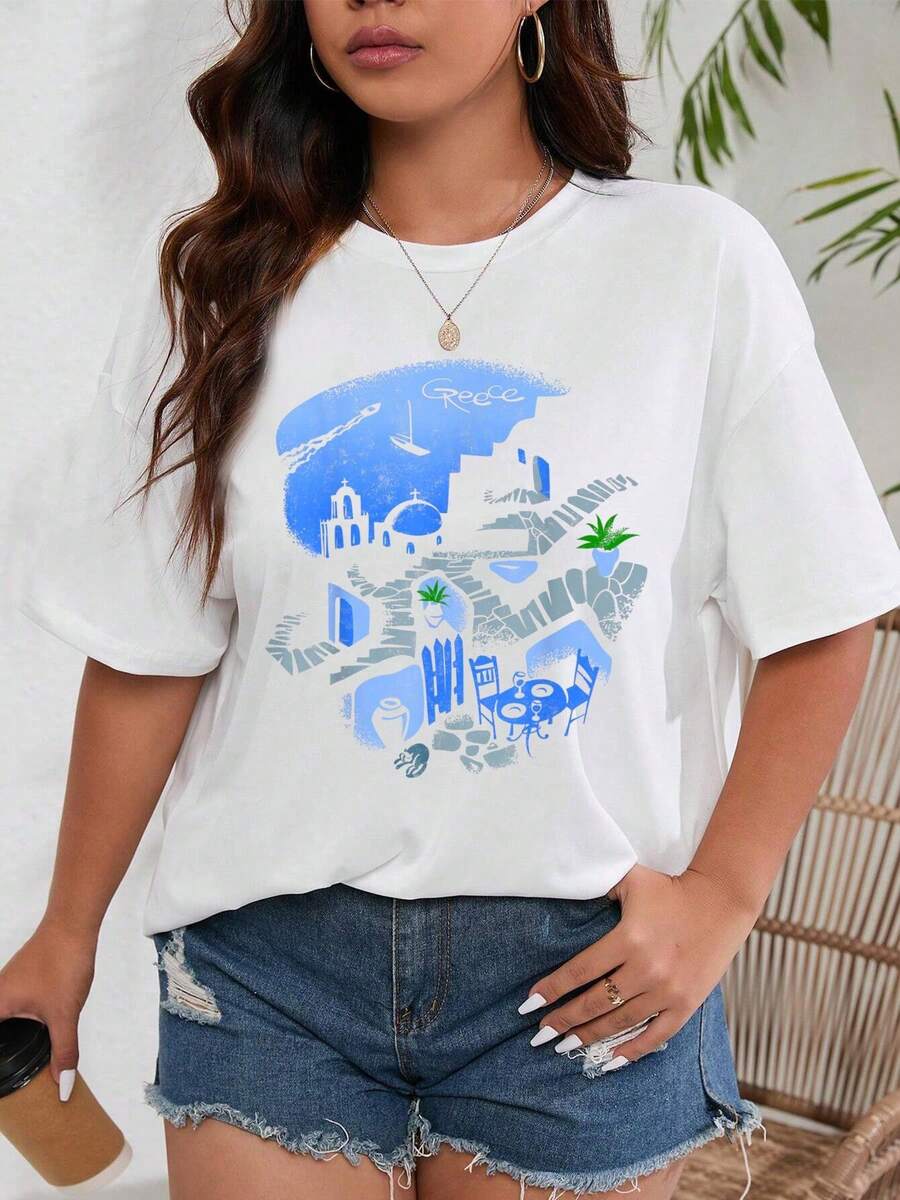 Europe Greece Athens Acropolis Family Vacation Souvenir Tee T-Shirt Summer Outfits For Women Summer Tops 100%Cotton Graphic Tees Women Tops For Women Round Neck T Shirt - White - View 1