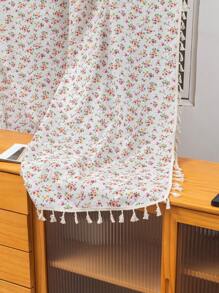 1pc Pink Floral Curtain With Tassels, Suitable For Dining Room, Cafe, Bedroom, Living Room, Kitchen, Year-Round Home Use