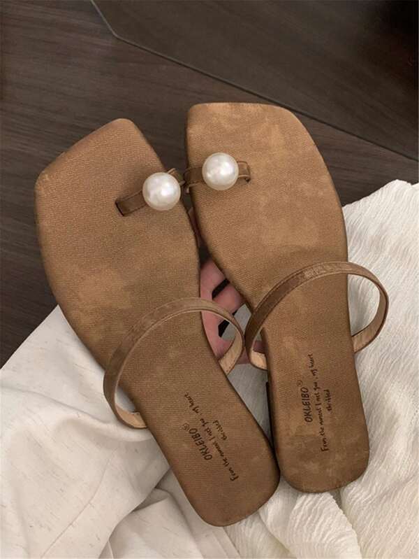 Women's Square Toe Slip-On Flat Sandals With Pearl Decor, Elegant French Style, Non-Slip Soft Bottom