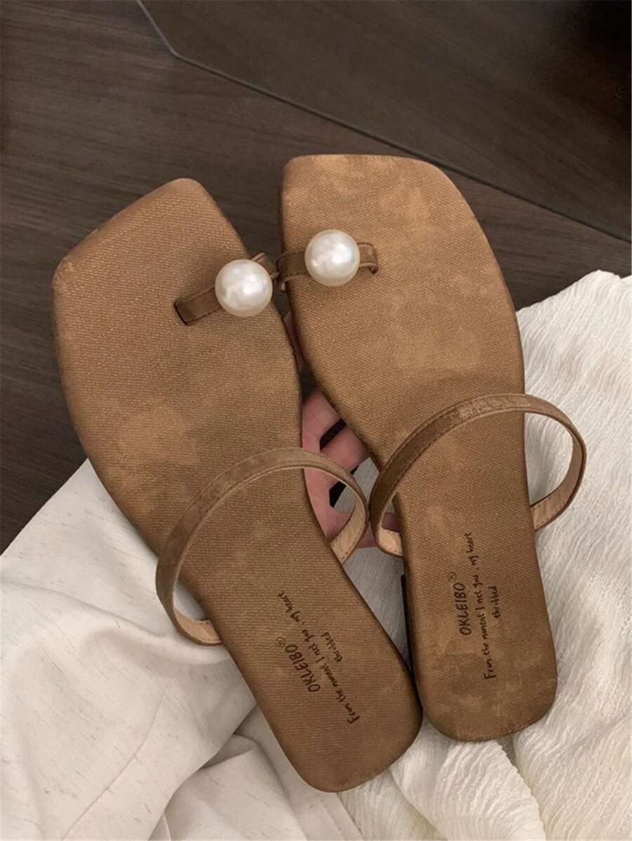 Women's Square Toe Slip-On Flat Sandals With Pearl Decor, Elegant French Style, Non-Slip Soft Bottom