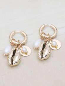1 对海洋系列人造珍珠和金色贝壳耳环，适合女士日常佩戴和度假