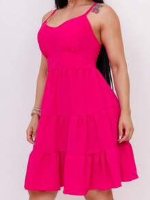 Women's Midi Dress With Straps In Duna Fabric, Loose And Lined - 玫紅色 - 查看 2