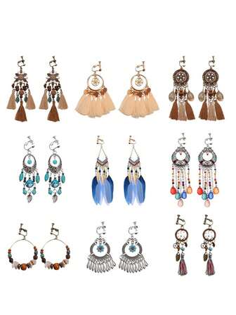 2 件波西米亚风格女士夹式耳环，美人鱼复古流苏长耳环，无穿孔