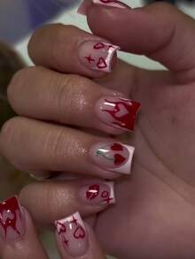 24pcs Nail Stickers With Various Designs Including Short, Modern French White, Red Wavy, Square, Flame Heart, Cherry, Red Lips, XOXO Patterns. Romantic And Cute, Suitable For DIY Manicure. Easily Create Romantic Nails For Daily, Date, Party, Valentine's Day, New Year, Thanksgiving And Other Occasions. Nail Supplies - Multicolor - View 1