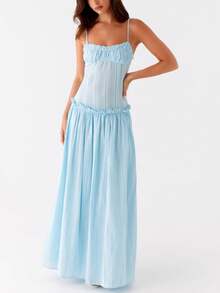 Women Y2K Maxi Dress Elegent Solid Color Spaghetti Strap Square Neck Pleated Front Flowy Long Dress Summer Backless Sleeveless Ruched Ruffle Hem Going Out Cami Dresses Party Club Beach Vacation Sundress - 藍色 - 查看 1