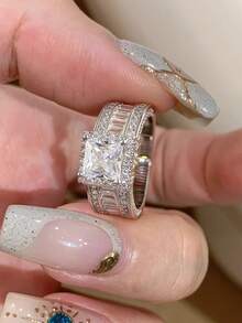 1枚925纯银闪亮立方氧化锆方形戒指，简约单枚戒指，精致首饰，生日/派对礼物（女士款） - 銀色 - 查看 2