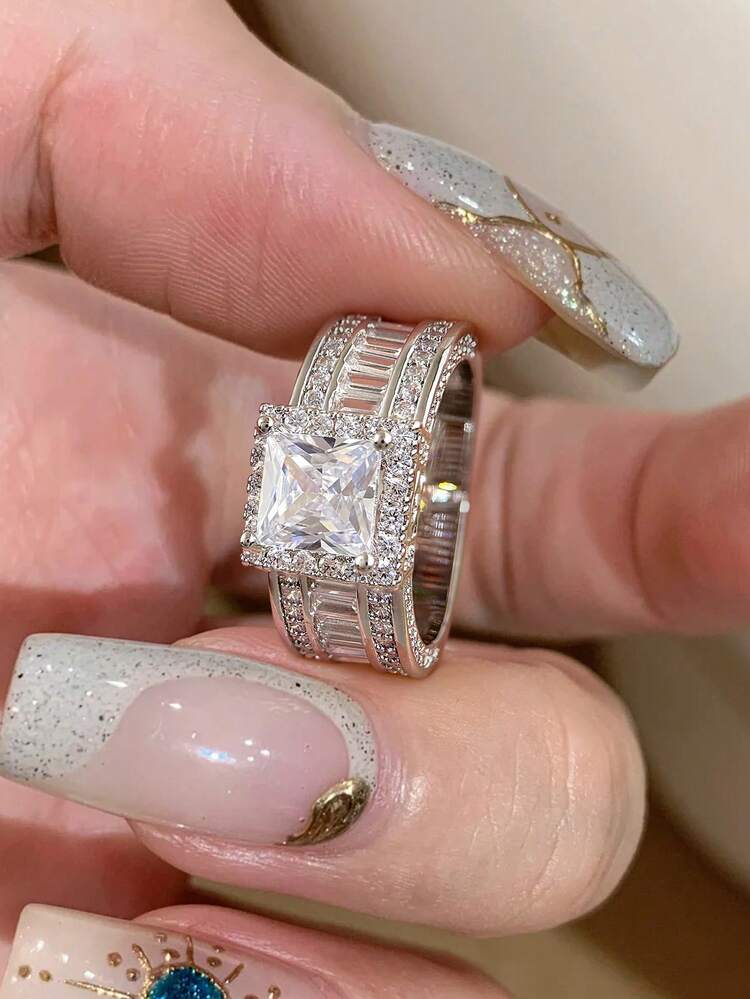 1pc 925 Sterling Silver Shiny Cubic Zirconia Square Ring, Basic Single Ring, Delicate Jewelry, Birthday/Party Gift For Her - Silver - View 1