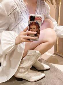 Women's Western Style Mid-Calf Boots With V-Cut, White Embroidery & Printed Decoration, Pointed Toe, Low & Chunky Heels, Tall Riding Boots,
