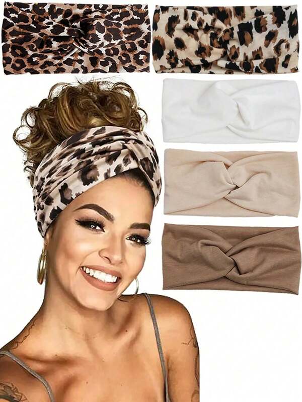 5 pièces Bandeaux de yoga pour femmes, bandeaux épais élastiques de couleur unie et imprimé léopard de style bohème