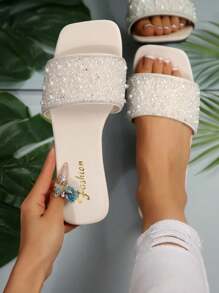 Women's Summer Casual Rhinestone Slide Sandals, Versatile Outdoor Plastic Flat Sandals
