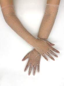 1 Pair Pure White Sparkly Crystal Bridal Gloves, Long Sheer Tulle Gloves To Complement Your Wedding Gown, Wearable Year-Round Autumn Accessories