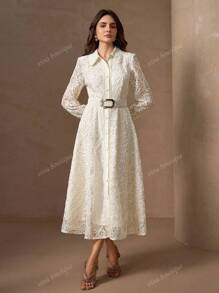 Elegant Embroidered & Solid Color Panel Collar And Cuffs Full Front Opening Romantic Floral Trim A-Line Fitted Dress For Women