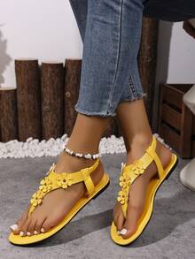 Yellow Retro Flat Sandals For Women, Summer New Thong Flower Pattern Versatile Niche Student Shoes, Roman Beach Slippers,Flip Flops - Yellow - View 5