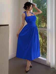 abyoxi Red Color Sexy Halter Neck Backless A-Line Midi Elegant Party Dress With Waist Design For Wedding Dating Dress Evening Party Festival Hot Girl Young Hot Style Spring And Summer New Women's Clothing