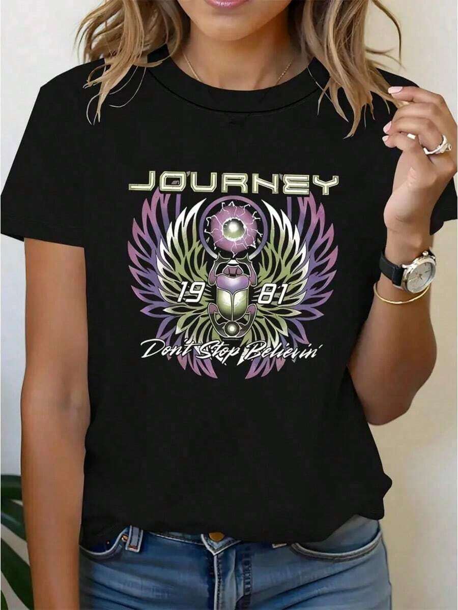 Camiseta de mujer 100% algodón, estilo vintage, diseño gráfico de la banda Journey "Don't Stop Believin" de 1981, de manga corta, cuello de tripulación, color negro, diseño retro de rock vibrante, lavable a máquina, para primavera y verano, ropa de fans de música. Camiseta de verano para mujer para fiestas de verano y moda casual. - Negro - Ver 1