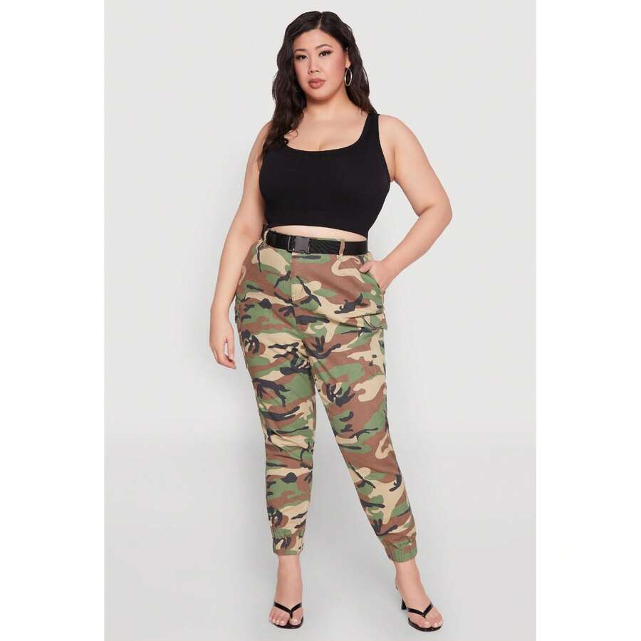 Plus Size Almost Famous Belted Camouflage Cargo Joggers - Multicolor - View 1