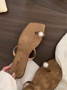 Women's Square Toe Slip-On Flat Sandals With Pearl Decor, Elegant French Style, Non-Slip Soft Bottom