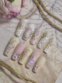 1张复古文艺复兴美甲贴纸 - 天使、花朵、花瓶、相框设计，优雅自粘美甲贴纸，适合DIY和美甲沙龙使用，采用聚酯纤维材质，表面压纹，非常适合嘉年华美甲和礼品，12个月礼物，美甲用品 - 紫色 - 查看 4