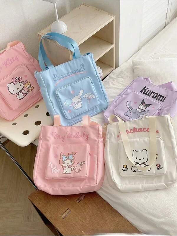 Sanrio 1pc Sanrio Brand Vintage Canvas Crossbody Bag, Dual Layer One Shoulder Tote Bag, Large Capacity Multi-Pocket Handbag, Suitable For School, Shopping, Travel, Ideal Gift For Kids