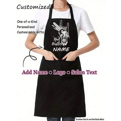 Delantal negro personalizado para técnicos de uñas - Delantal sin mangas personalizado con logotipo o texto, delantal personalizado para técnicos de uñas, delantal profesional de belleza, delantal a prueba de aceite unisex para cocina, salón, jardín, cocina profesional o trabajo de belleza. Utensilios de cocina personalizados con texto y foto personalizada, guantes de lavado