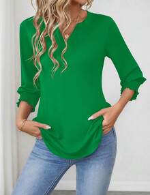 LOMON Women's 2025 Fashion Tops 3/4 Length Sleeve Business Casual Blouses Summer Tees Shirts - 綠色 - 查看 3