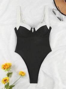 Women's One Piece Color Block Swimsuit Tummy Control Slimming Bathing Suit V Neck Cutout High Waisted Swimwear - màu đen - Xem 4
