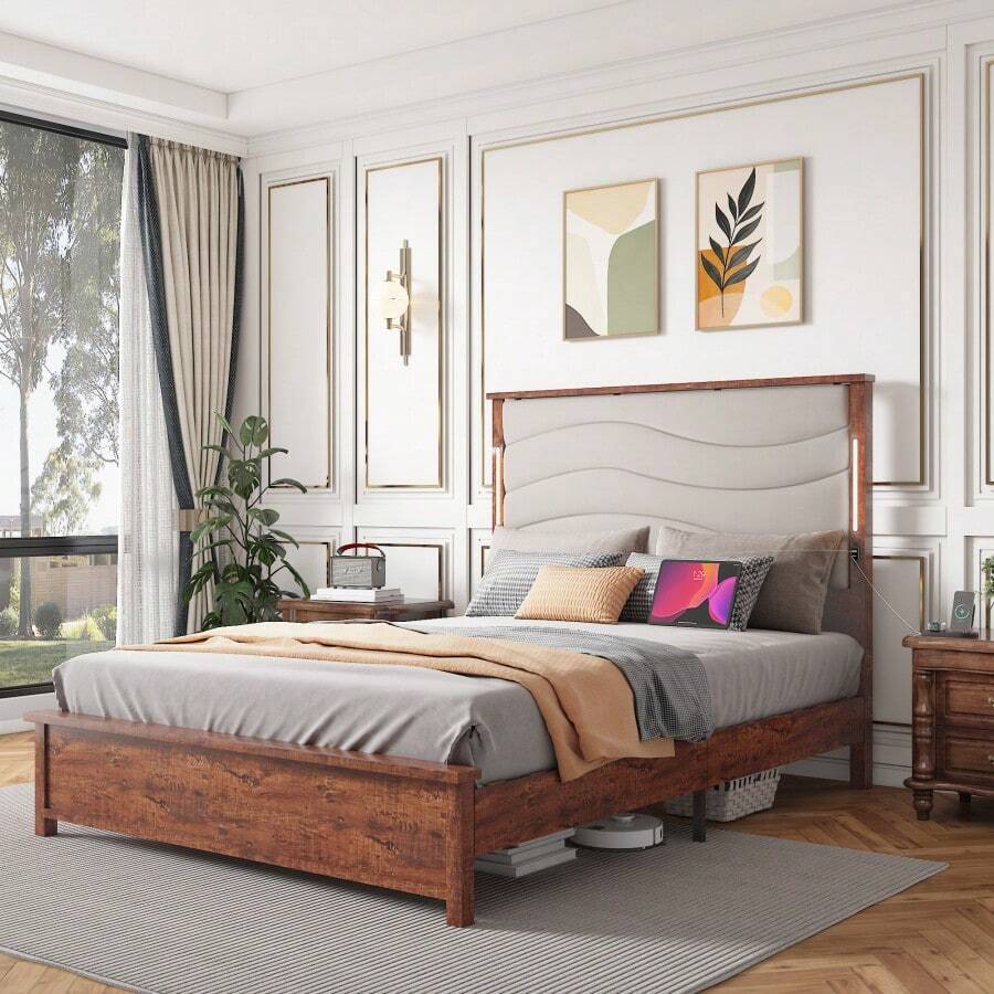 Queen Size Bed Frame With Upholstered Headboard, Queen Bed Frame With Charging Station And LED Lights, Wood Slats, Beige Linen, No Box Spring Needed, Easy Assembly-1021 - Nhiều màu - Xem 1
