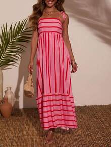 1pc Women's Casual Chic Elegant Stripe Spaghetti Strap Tie Up Square Neck Maxi Dress, Suitable For Spring, Summer, Autumn, New Year's Eve, Valentine's Day, Back To School, Party, Country Travel, Beach, Music Festival, Carnival - Red - View 6