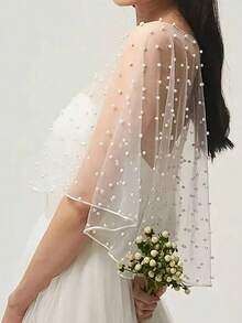 1 Piece Of Bridal Shawl, Pearl Chiffon White Shawl, Rhinestone Bow Bridal Shawl, Beaded Lace Edge Bridal Shawl, Suitable For Wedding Dress Matching, Civil Ceremony Photography Props - Multicolor - View 8