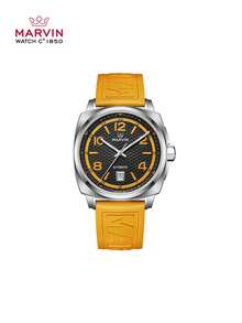 Marvin Relojes cronógrafo de lujo para hombres con movimiento automático, reloj con fecha, para regalo, correa de caucho, esfera de 42mm - Amarillo - Ver 1
