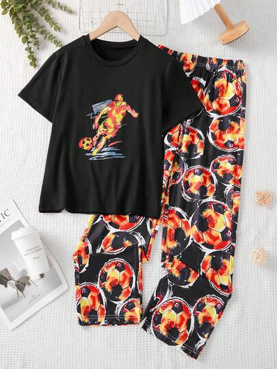 Summer Boys' Casual Fashion Simple 2 Pieces Home Suit, Sports Pattern Printed Short Sleeved+Fully Printed Long Pants Set, Comfortable Fabric, Suitable For Home Wear