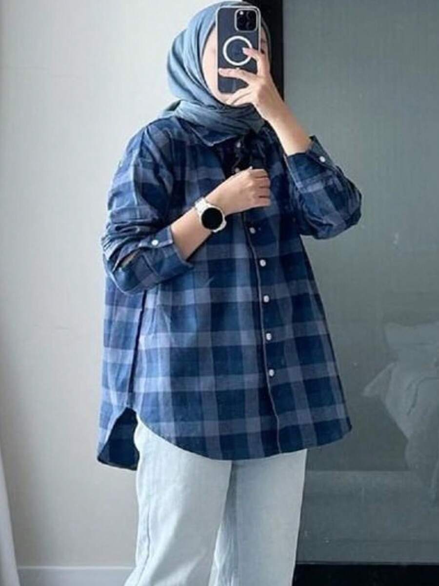 Women Modest Long Sleeve Plaid Shirt Collar Button Front Regular Top In Woven Fabric
