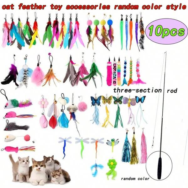 10pcs/Set (1 Wand + 9 Interchangeable Teaser Heads) Random Color Cat Toy Combo, Feather Teaser Sticks For Cats To Play And Entertain Themselves