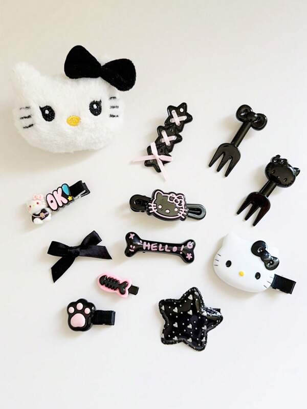Sanrio Sanrio 14/12pcs Hello Kitty Hair Clips, Sweet Cute Mixed Color Plastic Hairpin Set With Bangs Clips, For Girls Friends Daily Wear & Birthday Valentine Gifts, Summer Beach Accessories Claw Clips Hair Slide Hair Barrettes
