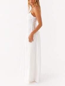 Women Y2K Maxi Dress Elegent Solid Color Spaghetti Strap Square Neck Pleated Front Flowy Long Dress Summer Backless Sleeveless Ruched Ruffle Hem Going Out Cami Dresses Party Club Beach Vacation Sundress - 白色 - 查看 5