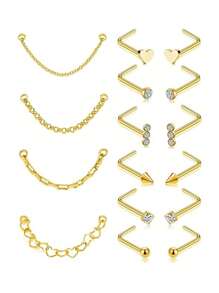 1 set de 16 pièces Punk Style Bagues de nez en acier inoxydable en forme de cœur avec 3 strass, argenté et doré, ensemble de bijoux pour femmes