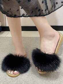 全新仿皮毛狐狸毛一脚蹬拖鞋，系带户外毛皮凉鞋，适合休闲、沙滩、居家穿着 - 黑色 - 查看 5