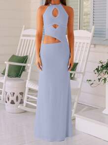 Women Long Dress, Sleeveless Halterneck Backless Hollowed Solid Slim Fit Cocktail Dress