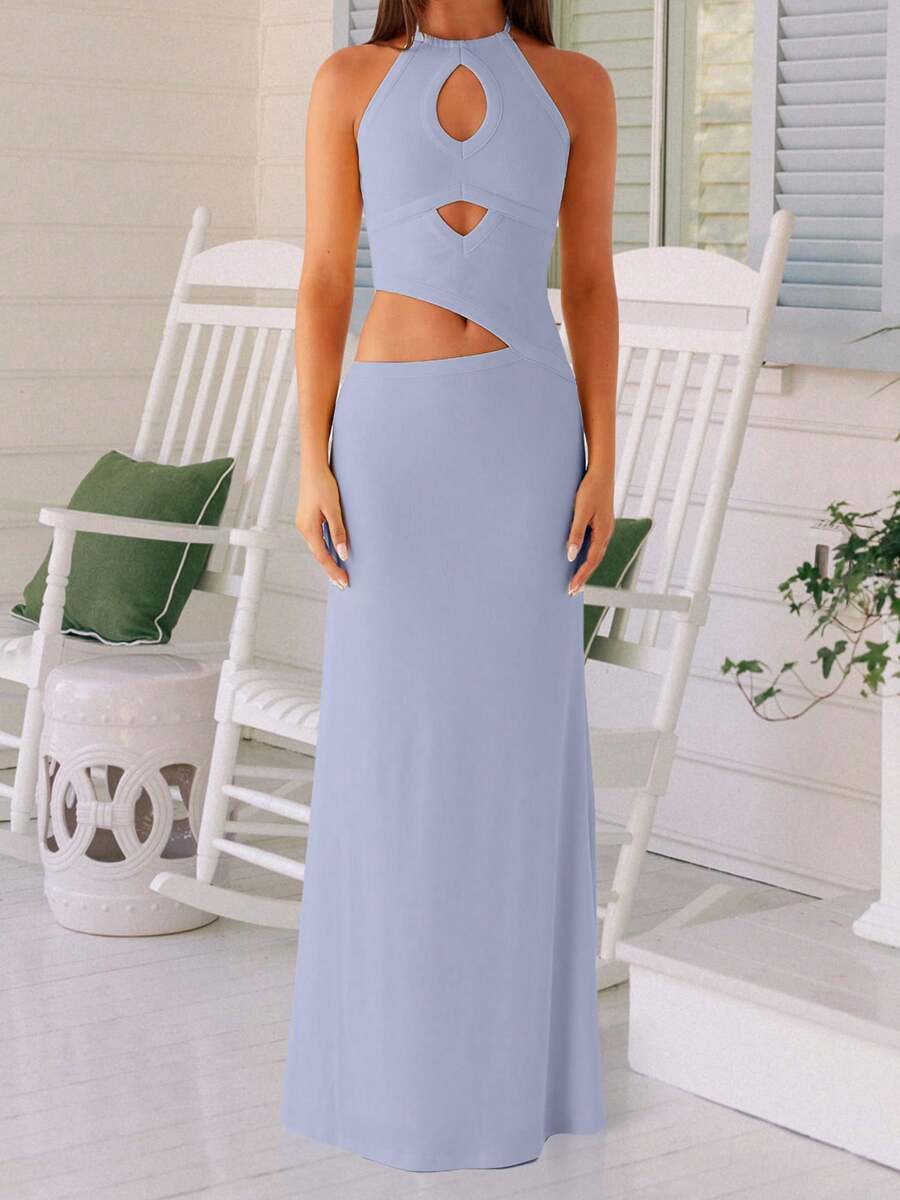 Women Long Dress, Sleeveless Halterneck Backless Hollowed Solid Slim Fit Cocktail Dress