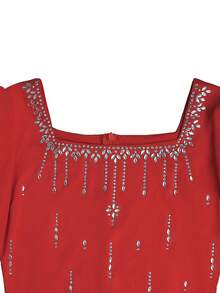 Women Cape Full Sleeve Sparkling Rhinestone Party Dress Sexy Night Birthday Elegant Evening Formal Dress - Red - View 6