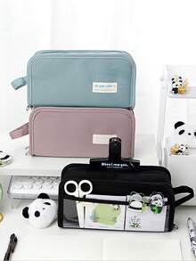 1pc Simple Color Pencil Case Pen Bag, Dual-Side Open Multi Inner Mesh Bag Transparent Pocket, For Stationery Pens Memo Student Back To School,Pencil Pouch,School Bag - Multicolor - View 10