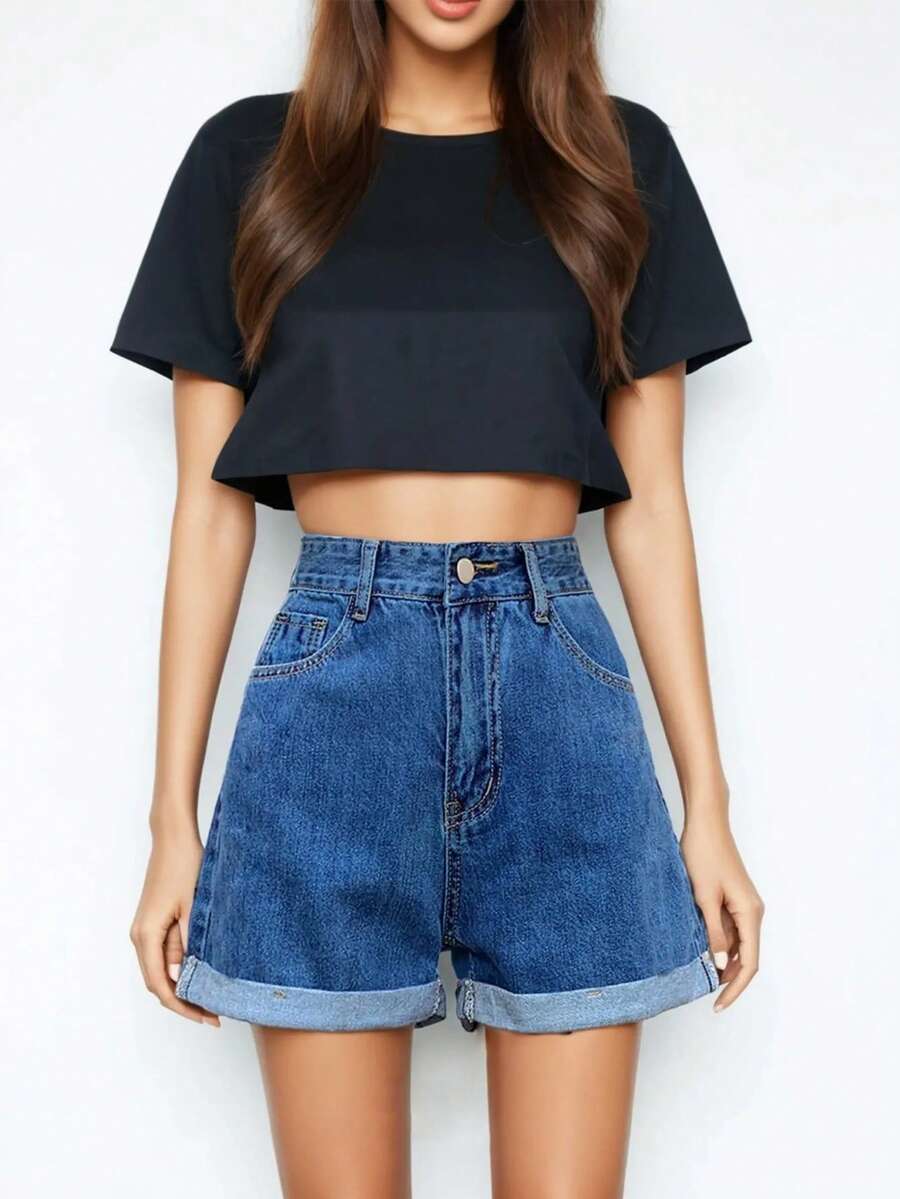 Stretch Bajo Doblez para mujeres, Shorts vaqueros básicos y versátiles de estilo clásico,Shorts mezclilla,Pantalones cortos vaqueros casuales versátiles - Azul - Ver 1