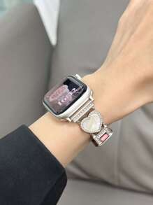 Kompatibel mit, 1 Stück junges & modisches universal Damen Armband mit stylischem, lässigem Luxus-Abaloneperlen-Herzanhänger, irisierend, glitzernd, verstellbares, weiches, modisches pinkes Lederarmband kompatibel mit Smart Watch Ultra3/2/1 SE S10/S9/S8/S7/S6/S5/S4/S3/S2/S11 Serien 38mm 40mm 41mm 42mm 44mm 45mm 49mm, Smartwatch Armband Zubehör, Geschenk für Freundinnen, Freunde, Familie