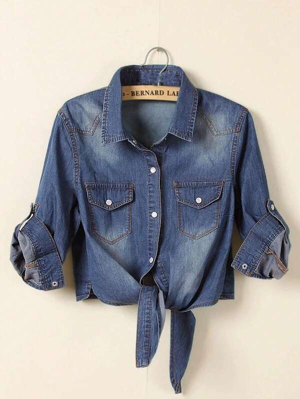 Damen Hemd mit 3/4 Ärmeln zum Hochkrempeln, Knotenfrontbindung, Chambray Denimstoff, Cropped