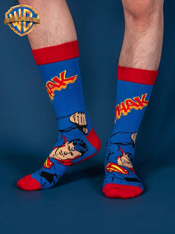 Warner Bros 1Pair Of Superman Hero Super Cartoon Animation Socks For Men, Novel, Fun, Happy And Crazy Socks For Christmas And Halloween, Suitable For Gifting At Parties, Fall