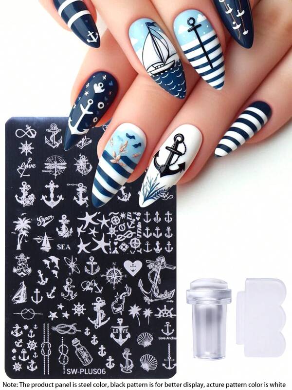 Ensemble de plaque de tamponnage pour nail art océanique 1 pièce, motifs mignons de coquillage, étoile de mer, cœur, palmier, bouteille à la dérive, voilier, ancre pour l'été. Modèle d'impression pour ongles avec 1 pièce de tampon en silicone transparent souple et grattoir. Accessoires et outils DIY pour le nail art, salon de manucure
