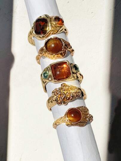 5pcs/Set Retro Luxury Versatile Personalized Elegant Sparkly Gold Tiger Eye & Colorful Crystal Inlaid Women's Ring Set, Festival Jewelry
