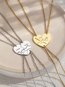 1pc Personalized Engraved Heart Puzzle Pendant Necklace, Custom Family Name Multi-Heart Necklace, Gift For Mom, Stainless Steel Couple Jewelry, Best Friend Gift, Anniversary Gift, Valentine's Day Gift, Friendship Gift, Mother's Day Gift - Gold - View 6