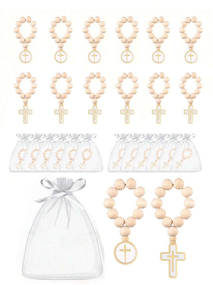Bomboniere per ospiti del battesimo, mini rosari in legno come bomboniere per battesimo, bomboniere per comunione in quantità, ricordo della cresima, bomboniere per eventi religiosi cattolici - Beige - Visualizzare 1